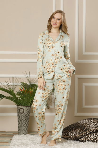 Flor Exculusive Collection Önden Düğmeli Uzun Kollu İpek Saten Pijama Takımı - 3