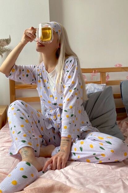 Flower Baskılı Sabahlıklı Pijama Takımı - 2