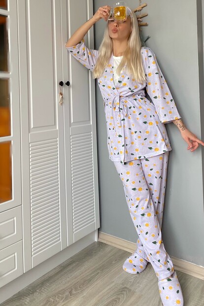 Flower Baskılı Sabahlıklı Pijama Takımı - 4