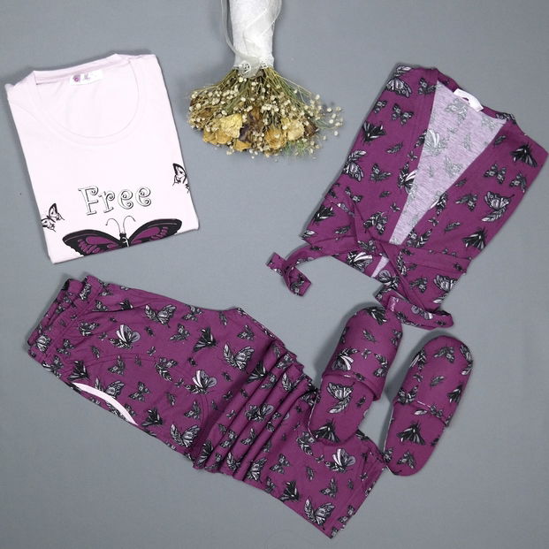 Free Butterflies Desenli Sabahlıklı Pijama Takımı - 3