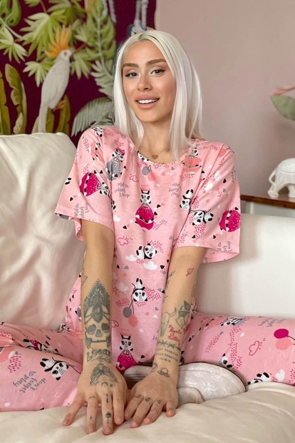 Fuchsia Panda Baskılı Kısa Kollu Kadın Pijama Takımı - 1