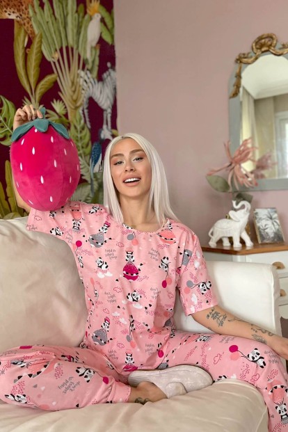 Fuchsia Panda Baskılı Kısa Kollu Kadın Pijama Takımı - 2