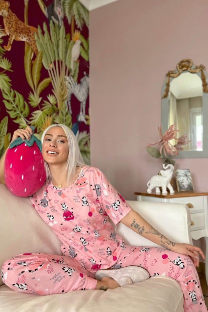 Fuchsia Panda Baskılı Kısa Kollu Kadın Pijama Takımı - 3