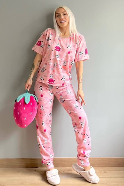 Fuchsia Panda Baskılı Kısa Kollu Kadın Pijama Takımı - 5