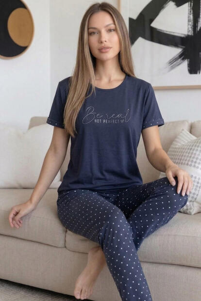 Füme Be real Desenli Bambu Kısa Kol Kadın Pijama Takımı - 1