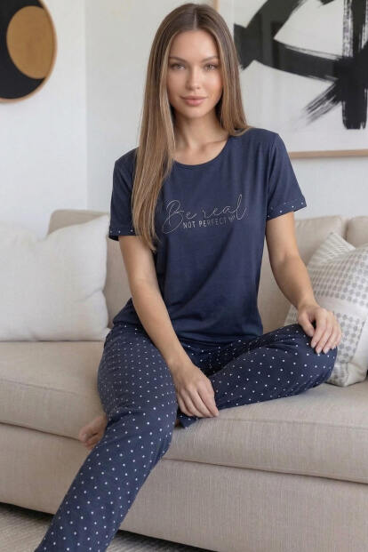 Füme Be real Desenli Bambu Kısa Kol Kadın Pijama Takımı - 2