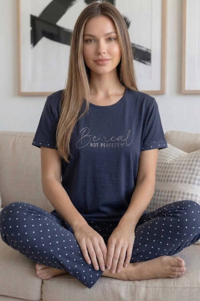 Füme Be real Desenli Bambu Kısa Kol Kadın Pijama Takımı - 3