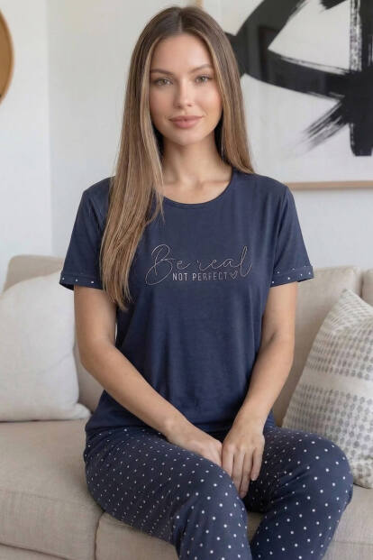 Füme Be real Desenli Bambu Kısa Kol Kadın Pijama Takımı - 4