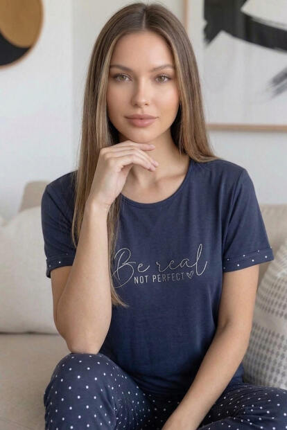 Füme Be real Desenli Bambu Kısa Kol Kadın Pijama Takımı - 5