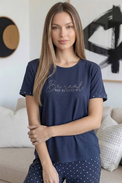 Füme Be real Desenli Bambu Kısa Kol Kadın Pijama Takımı - 6