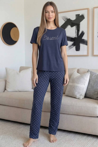 Füme Be real Desenli Bambu Kısa Kol Kadın Pijama Takımı - 7