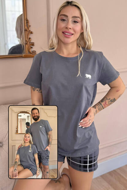 Füme Bear Şortlu Sevgili Aile Pijaması - Kadın Takımı - 7