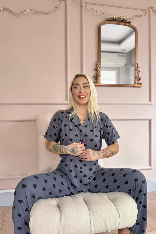 Füme Berry Love Desenli Bambu Önden Düğmeli Kısa Kol Pijama Takımı - Pijamaevi (1)