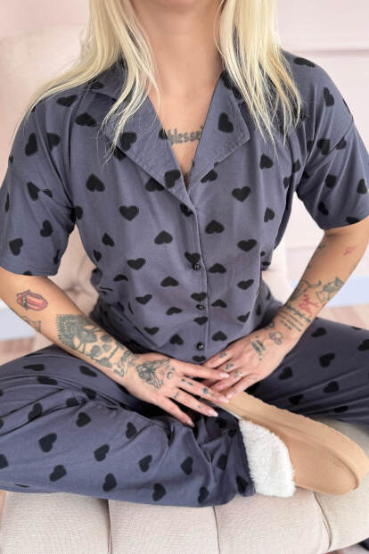 Füme Berry Love Desenli Bambu Önden Düğmeli Kısa Kol Pijama Takımı - 5