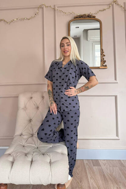 Füme Berry Love Desenli Bambu Önden Düğmeli Kısa Kol Pijama Takımı - 6