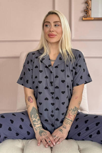 Füme Berry Love Desenli Bambu Önden Düğmeli Kısa Kol Pijama Takımı - 7