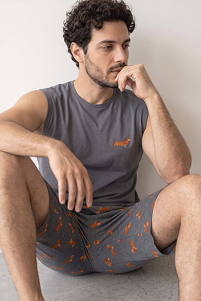 Füme Dasch Baskılı Sıfır Kol Şortlu Erkek Pijama Takımı 
