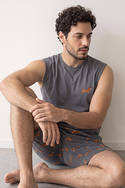 Füme Dasch Baskılı Sıfır Kol Şortlu Erkek Pijama Takımı - 4