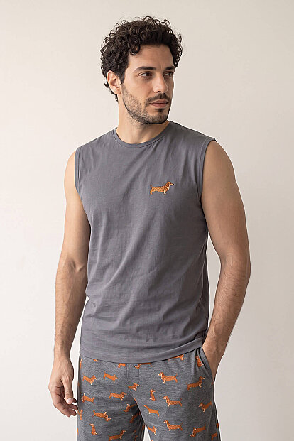 Füme Dasch Baskılı Sıfır Kol Şortlu Erkek Pijama Takımı - 5