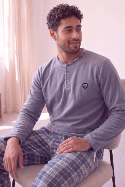 Füme Ekose Desenli Polar Erkek Pijama Takımı 