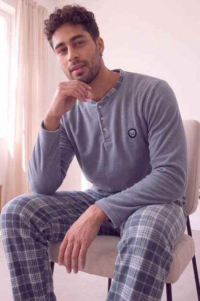 Füme Ekose Desenli Polar Erkek Pijama Takımı - 3