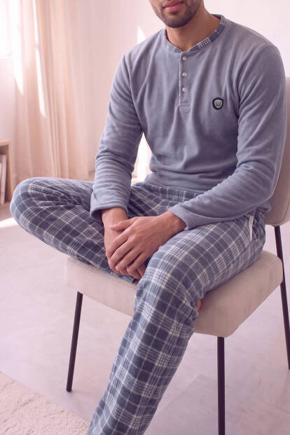 Füme Ekose Desenli Polar Erkek Pijama Takımı - 4