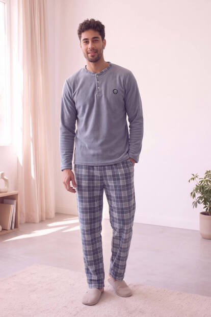 Füme Ekose Desenli Polar Erkek Pijama Takımı - 6
