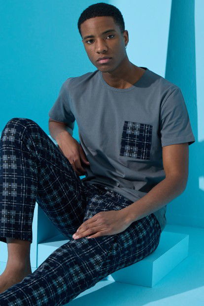 Füme Four Squares Ekose Desenli Kısa Kollu Erkek Pijama Takımı - 1