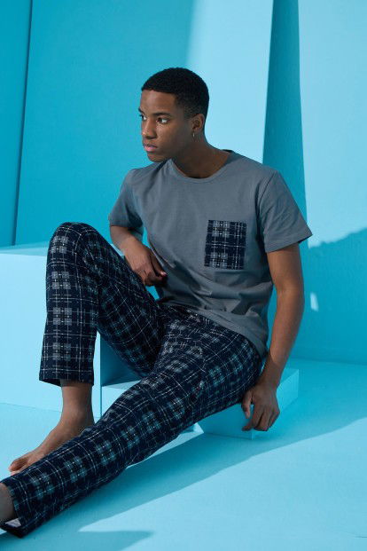 Füme Four Squares Ekose Desenli Kısa Kollu Erkek Pijama Takımı - 2