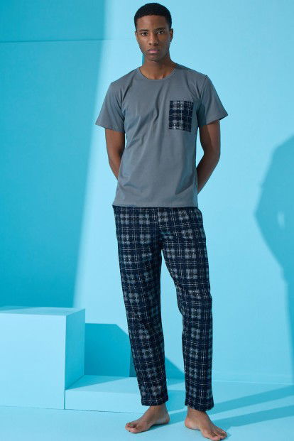 Füme Four Squares Ekose Desenli Kısa Kollu Erkek Pijama Takımı - 3