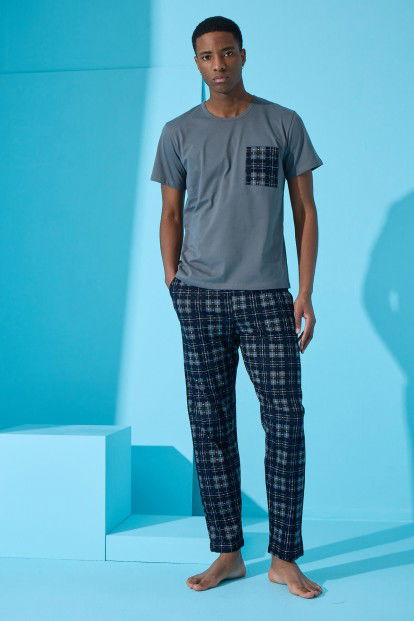 Füme Four Squares Ekose Desenli Kısa Kollu Erkek Pijama Takımı - 4