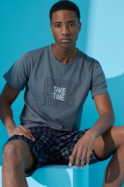 Füme Good Baskılı Şortlu Erkek Pijama Takımı - 1