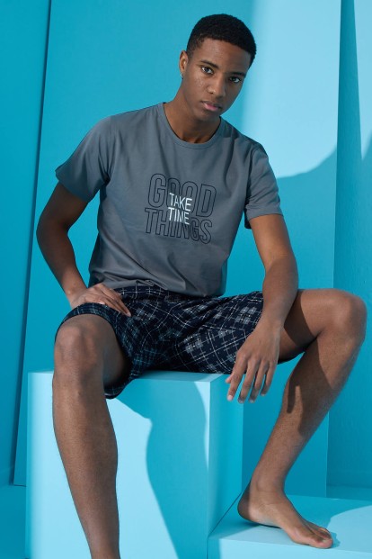 Füme Good Baskılı Şortlu Erkek Pijama Takımı - 2