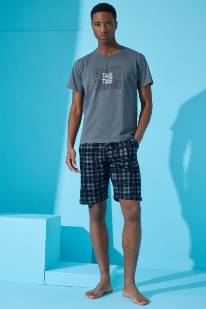 Füme Good Baskılı Şortlu Erkek Pijama Takımı - 3