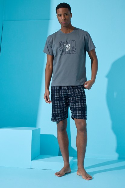 Füme Good Baskılı Şortlu Erkek Pijama Takımı - 4