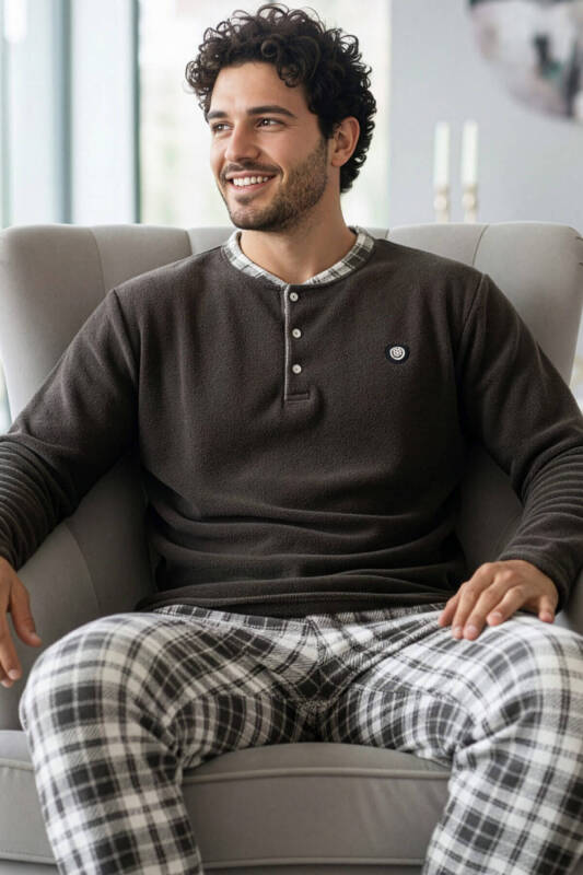 Füme Kahve Ekose Desenli Polar Erkek Pijama Takımı - Pijamaevi