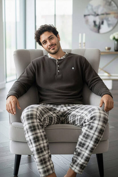 Füme Kahve Ekose Desenli Polar Erkek Pijama Takımı - 2