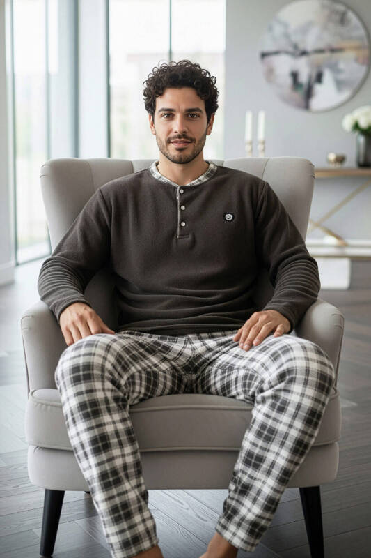 Füme Kahve Ekose Desenli Polar Erkek Pijama Takımı - Pijamaevi (2)