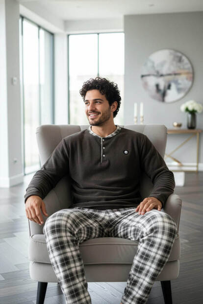 Füme Kahve Ekose Desenli Polar Erkek Pijama Takımı - 4