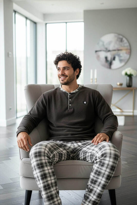 Füme Kahve Ekose Desenli Polar Erkek Pijama Takımı - Pijamaevi (3)