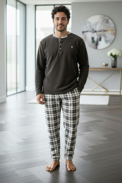 Füme Kahve Ekose Desenli Polar Erkek Pijama Takımı - 5