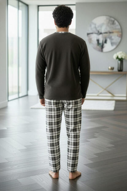 Füme Kahve Ekose Desenli Polar Erkek Pijama Takımı - 6