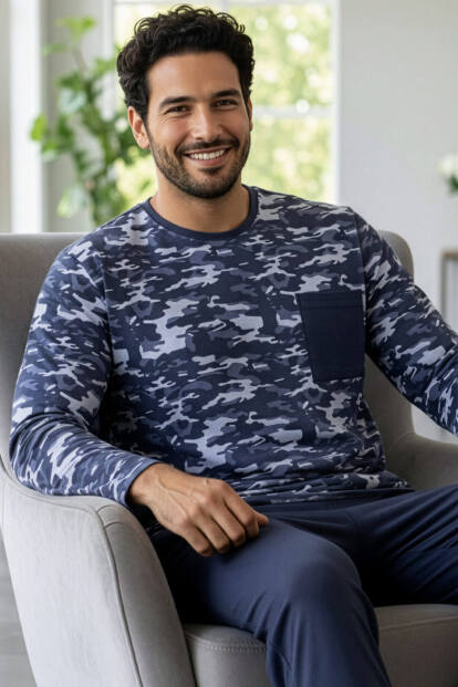 Füme Kamuflaj Desenli Stylish Erkek Uzun Kol Pijama Takımı - 1