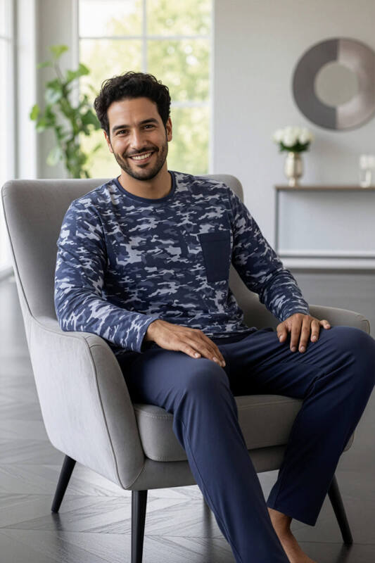 Füme Kamuflaj Desenli Stylish Erkek Uzun Kol Pijama Takımı - Pijamaevi (1)