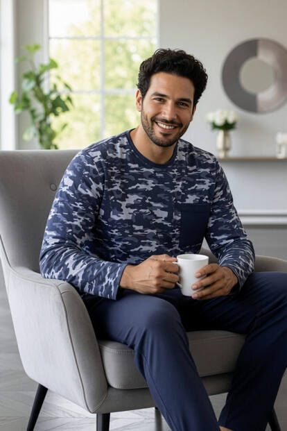 Füme Kamuflaj Desenli Stylish Erkek Uzun Kol Pijama Takımı - 3