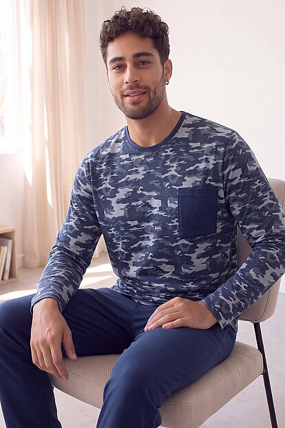 Füme Kamuflaj Desenli Stylish Erkek Uzun Kol Pijama Takımı 