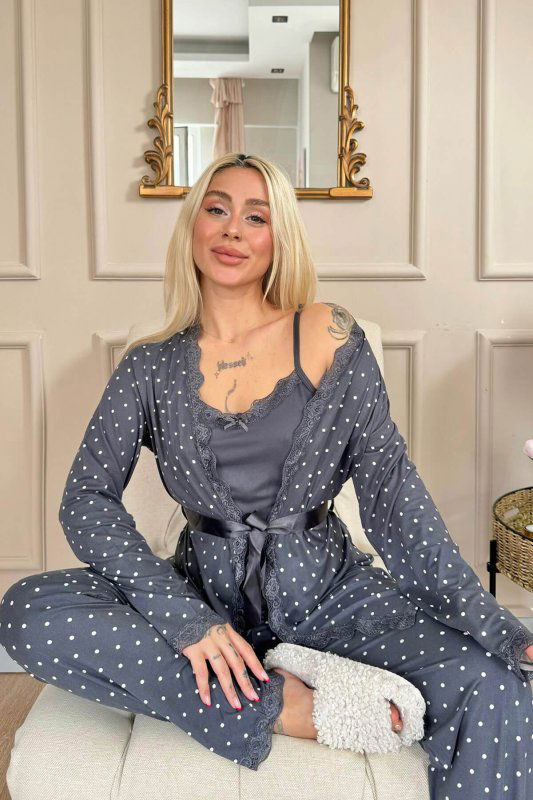 Füme Mini Puan Desenli Bambu Sabahlıklı Kadın Pijama Takımı - Pijamaevi (1)