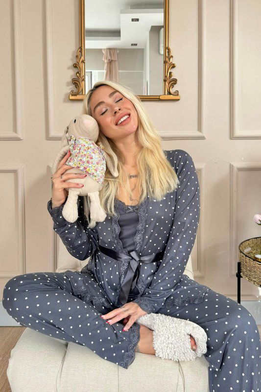 Füme Mini Puan Desenli Bambu Sabahlıklı Kadın Pijama Takımı - Pijamaevi (2)