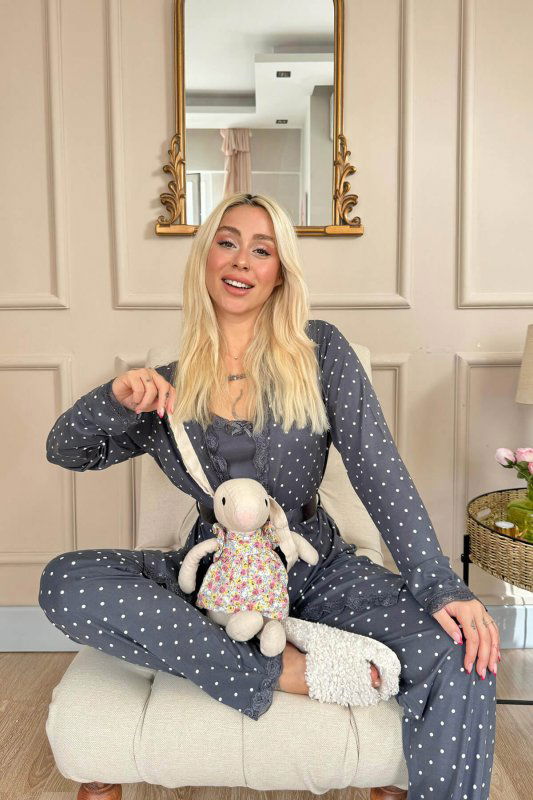 Füme Mini Puan Desenli Bambu Sabahlıklı Kadın Pijama Takımı - Pijamaevi (3)