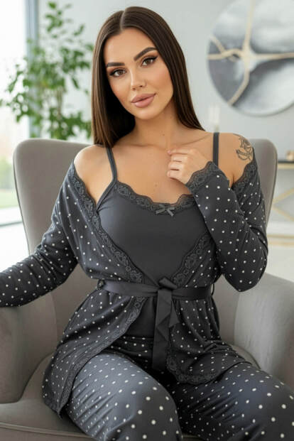 Füme Mini Puan Desenli Bambu Sabahlıklı Kadın Pijama Takımı - 1